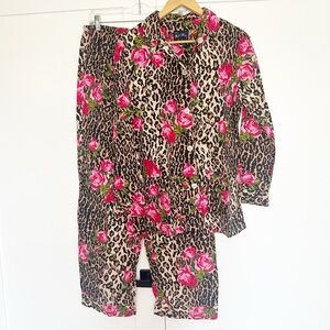 Nick & Nora two-piece leopard & rose pajama set medium pants long sleeve button